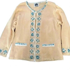 Storybook Knits Women's‎ Cream Vintage Turquoise Beaded Crochet Cardigan Size XL